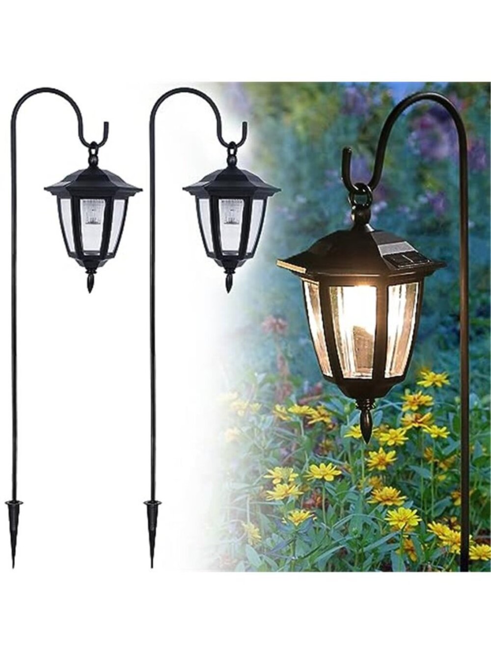 Solar Hanging Lantern Lights Outdoor Garden Shepherd Hook LED Yard Decor Set